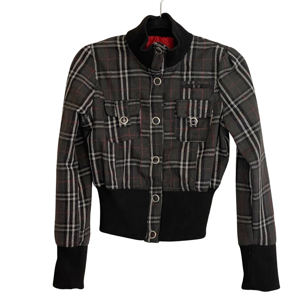 Wet Seal Vintage Y2K Plaid Wool Blend Cropped Bomber Jacket Grey Red Small